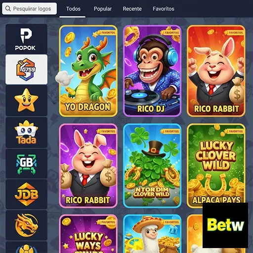 Interface de slots da betw destacando jogos populares.