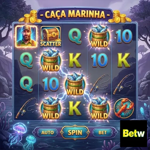 Slot 'Caça Marinha' da betw com personagens e símbolos de jogo.