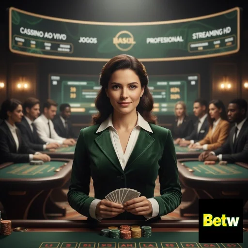 Jogadora no cassino da betw com mesas de jogo ao fundo.
