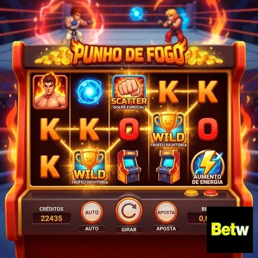 Slot 'Punho de Fogo' da Betw com ícones de bônus visíveis.